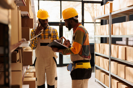Warehouse men employees explaining stock supply chain to logistics manager on landline phone. Shipping operators checking orders checklist on clipboard and answering call in storehouseの写真素材