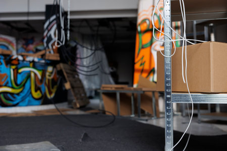 Destroyed structure of messy building covered in debris and neglect, messy walls showing artistic spray paint under dust. Damaged neglected old warehouse with garbage, empty ghetto.の写真素材