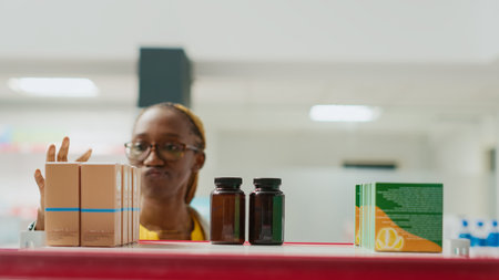 Young woman looking at pharmaceutical products in retail store, buying medicaments to cure illness....