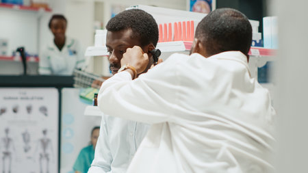 Health specialist consulting man with otoscope, doing otology consultation and ear examination in pharmacy. Young medic doing otolaryngology checkup with male customer. Handheld shot.の写真素材