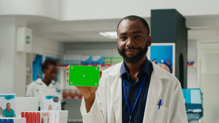 Pharmacy consultant holding greenscreen on box of drugs, showing blank copyspace template in drugstore. Doctor recommending medicaments with isolated mockup chromakey background pack.の写真素材