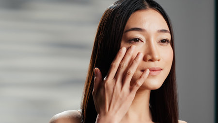 Cheerful woman applying anti wrinkles cream on face, promoting dermatology skincare routine cosmetics on camera. Beautiful girl using moisturizer and serum on cheeks, ad campaign.の写真素材