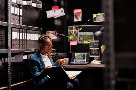 African american woman police detective studying criminal matter file while sitting at workplace desk with investigation map. Private investigator reading crime case in agency office at night timeの写真素材