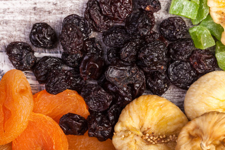 On top image of Dried fruits on wooden background. Healthy foodの写真素材
