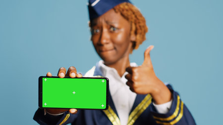 Female aircrew member pointing at greenscreen display over blue background on camera. Young stewardess showing isolated copyspace and chroma key template dressed in aviation uniformの写真素材
