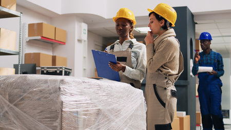 Multiethnic team of women organizing products in warehouse, looking at packages on shelves and...