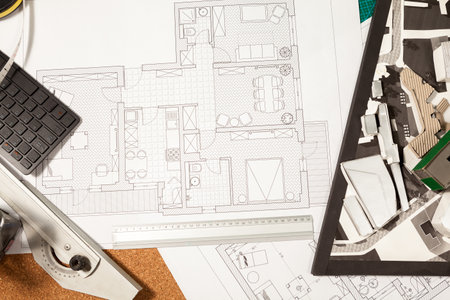 Blueprints on an architect table. Construction and architecture. Project and designの写真素材
