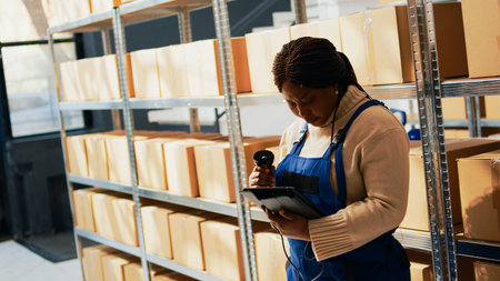 Young adult working with scanner and tablet in depot, scanning carton boxes with barcodes. Female employee checking packages with supplies and products, quality control. Handheld shot.の写真素材