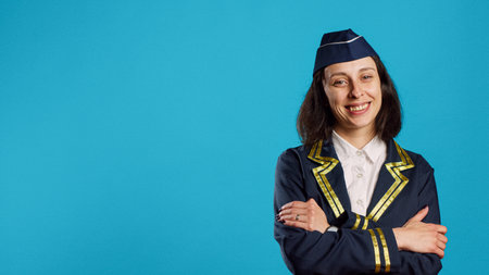 Confident young stewardess posing in flying uniform, feeling happy working in aviation industry on camera. Smiling woman dressed as air hostess looking successful over blue backdrop.の写真素材