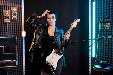 Confused singer having uncertain expression while playing electric guitar working at heavy metal album in sound studio. Superstar doing dont know gesture while preparing to play at rock concertの写真素材