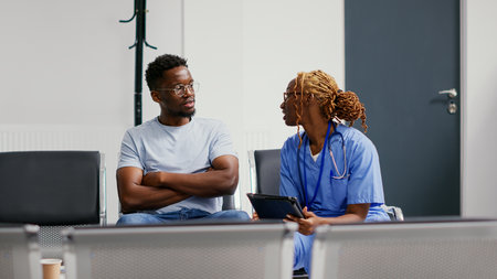 Young nurse consulting male adult in waiting area, using digital device to show exam results and medicine to cure illness. Woman discussing about healthcare insurance and support. Handheld shot.の写真素材