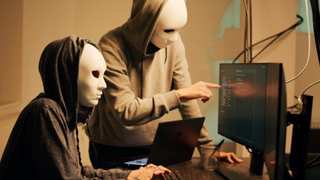 Mysterious spies working on phishing and cryptojacking, trying to break into government server and steal valuable data. Team of hackers with anonymous masks hacking online system.の写真素材