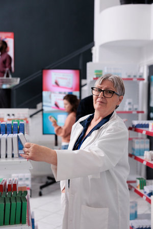 Senior pharmacist woman standing beside drugstore shelves arranging pills packages for help clients, worker offering medical service and support. Diverse people in pharmacy buying vitaminsの写真素材
