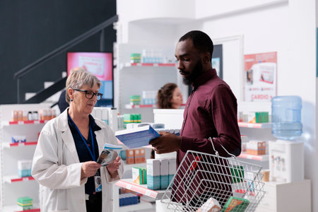 African american client discussing with pharmacist asking for help with cardiology drugs, worker explaining medical leaflet. Drugstore employee offering support assistance, medicine serviceの写真素材