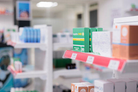 Healthcare retail store with pharmaceutical products and drugs packages on shelves, medicaments boxes and vitamins bottles. Empty pharmacy shop filled with supplements and pharmaceutics capsuleの写真素材
