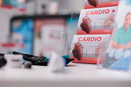 Empty pharmacy having cardiology pills packages on table waiting for customers to come and buy treatment, drugstore filled with medical instruments. Health care service support and conceptの写真素材