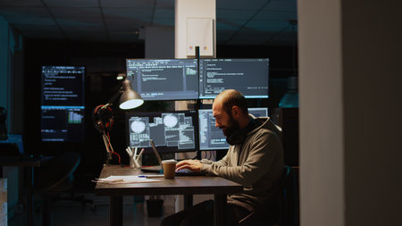 Software developer typing source code on laptop and multiple monitors, using programming language to create firewall security server. Male coder developing database cloud computing.の写真素材