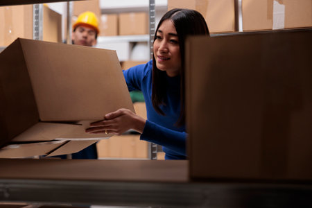 Logistics manager doing goods parcels quality control while searching cardboard boxes on shelf. Ecommerce retail storehouse employee holding package to pack customer order for shipmentの写真素材