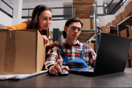 Warehouse shipment managers reading delivery customer satisfaction on laptop. Retail storehouse asian man and woman employees checking pick ticket and preparing box for dispatchingの写真素材