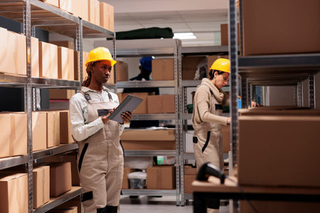 Warehouse manager supervising freight inventory and checking audit application. African american woman standing in storehouse near cardboard boxes shelf and using digital tabletの写真素材