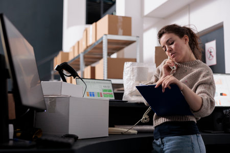 Stockroom manager talking at landline phone with remote supervisor, discussing merchandise inventory in warehouse. Storage room employee working at customers orders preparing delivery detailsの写真素材