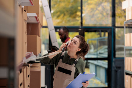 Storehouse worker talking at landline phone with remote manager before start working at clients...
