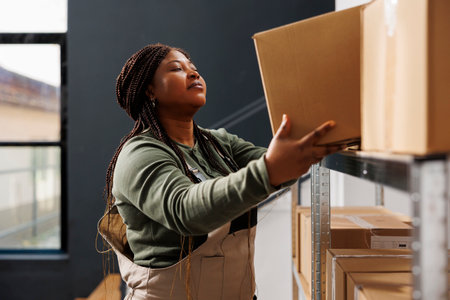 African american worker putting cardboard boxes on metallic shelves, preparing customers order in...