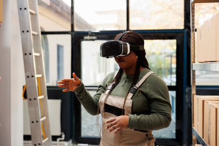 Stockroom supervisor enjoying using virtual reality goggles in warehouse, analyzing goods checklist....