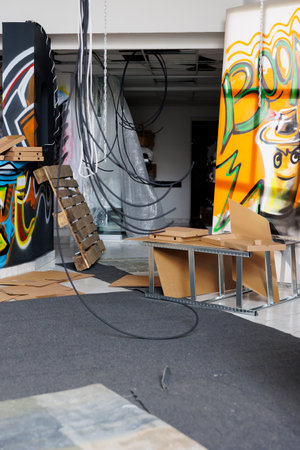 Grungy demolished building covered in graffiti art, showing signs of decay and disintegration. Urban...