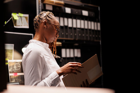 Thoughtful african american woman detective reading criminal investigation documentation in agency...