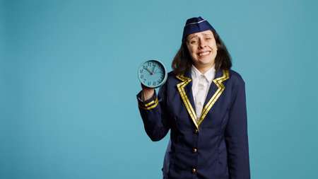 Stressed air hostess checking time on clock in studio, feeling worried about running late to work on...