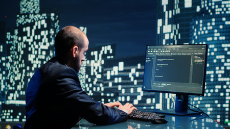 Businessman working on computer in skyscraper office, checking information on monitor in department...