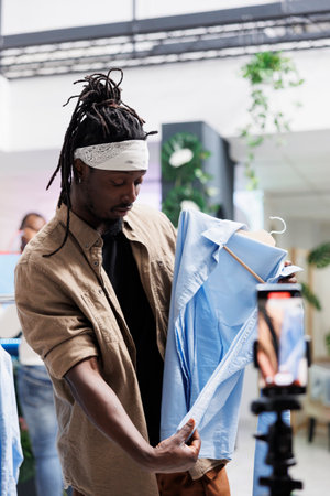 Social media influencer showing shirt on smartphone while streaming for followers and speaking about quality. Online blogger recording video with clothes brand promotion in boutiqueの写真素材