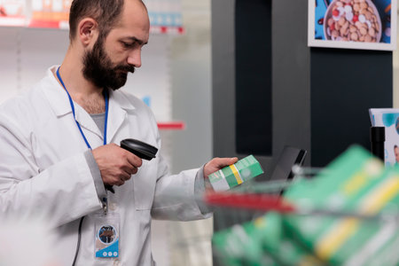 Pharmacist holding store scanner that reads the barcodes on all the pills and packages to ensure accuracy in dispensing medication. Drugstore employee working in pharmacy, checking supplementsの写真素材