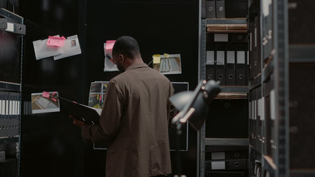 Law inspector putting crime information on wall map, analyzing files and physical evidence to find...
