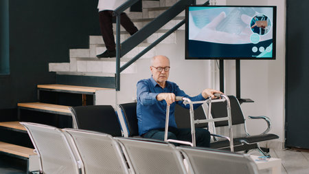 Elderly man and woman waiting in hospital lobby to attend checkup consultation with physician. Senior patients sitting in waiting room at reception, examination at medical facility.の写真素材