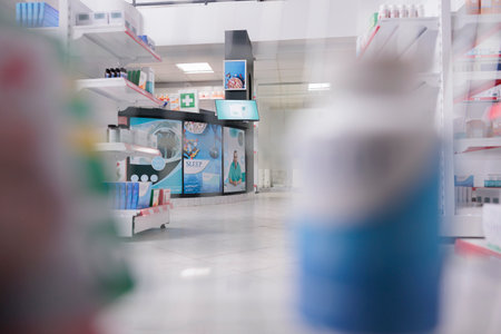 Empty drugstore counter desk filled with pharmaceutical products and computer, health space waiting for clients to come and buy medicaments. Pharmacy shelves were stocked with pills packages.の写真素材