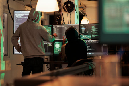 Young anonymous people cracking firewall encryption