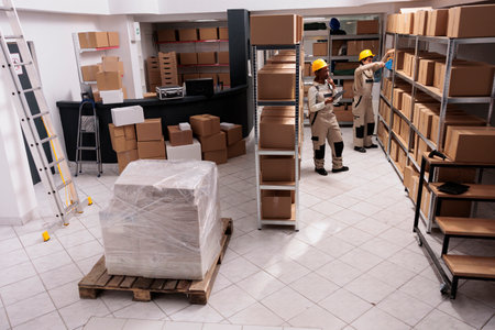Delivery service warehouse employees preparing parcels for transportation