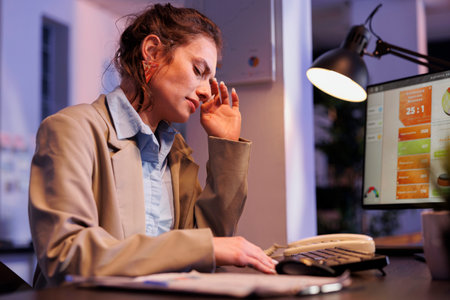 Tired executive manager working overtime at company strategyの写真素材