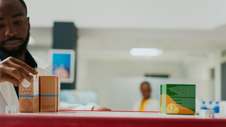Pharmacy worker organizing products on shelves