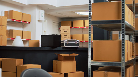 Empty storehouse filled with merchandise in packs
