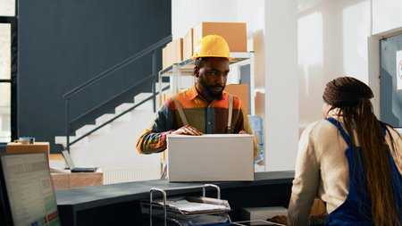 Group of employees talking about boxes of goods