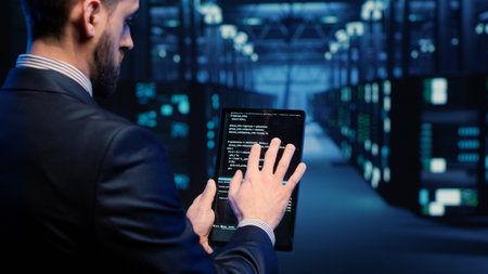 Support specialist checking server computers on tablet