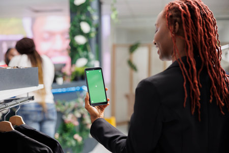 Woman holding phone with green screen while shoppingの写真素材