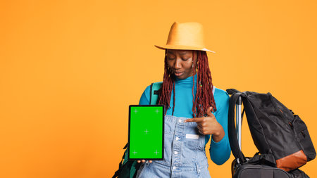Joyful person with isolated green screenの写真素材