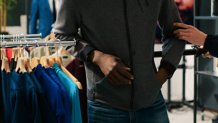 Thief trying to stole fashionable shirt in modern boutique, wearing hood and sunglasses not to be recognized. Asian bodyguard threatening african american robber with security baton in clothing storeの写真素材