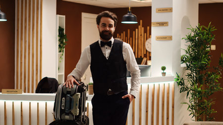 Portrait of happy smiling bellboy standing by luggage trolley in travel resort lounge. Cheerful...