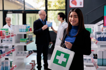 Smiling asian woman buying medication in drugstore and holding purchase portrait. Pharmacy store young buyer standing near shelf with medicament and carrying shopping paper bagの写真素材
