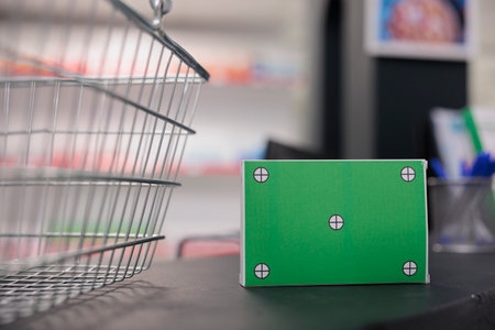 Mock up green screen chroma key pills packages standing on counter desk in empty pharmacy, drugstore filled with pharmaceutical products and drugs. Health care support service and conceptの写真素材